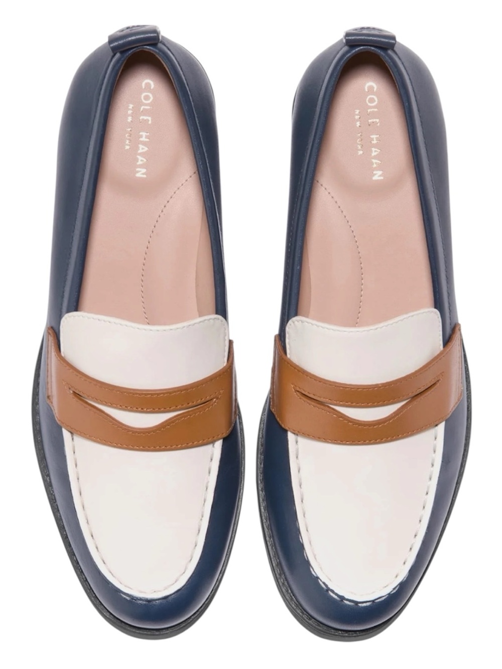 Cole Haan Navy, White & Tan Leather Stassi Penny Loafers